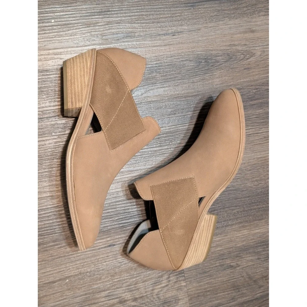 Eileen Fisher Perry Leather Ankle Booties Side Elastic‎ Heel Tan Size 8.5